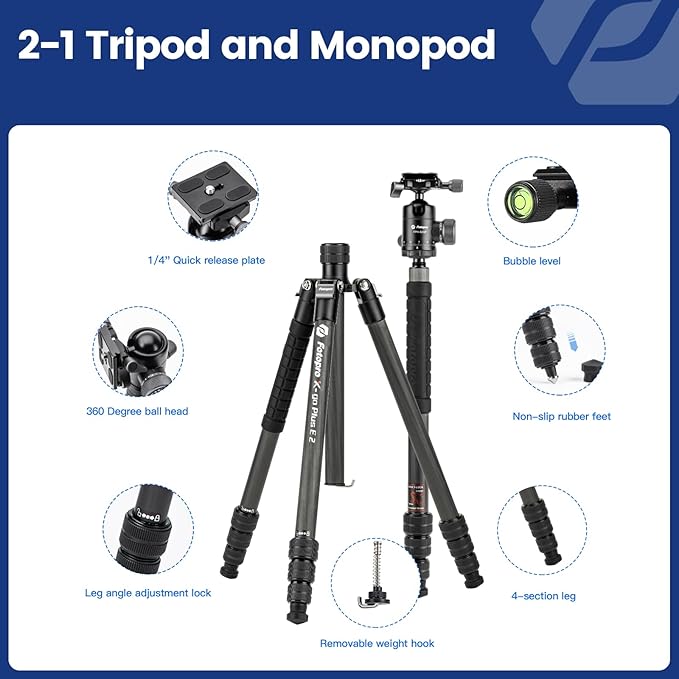Fotopro 73"/185cm Carbon Fiber Travel Tripod for Camera, 360° Panorama Ball Head, Arca Quick Release Plate, Portable Bag, Compact Travel Tripod Monopod for DSLR Camera Camcorder, Load up to 22lbs/10kg