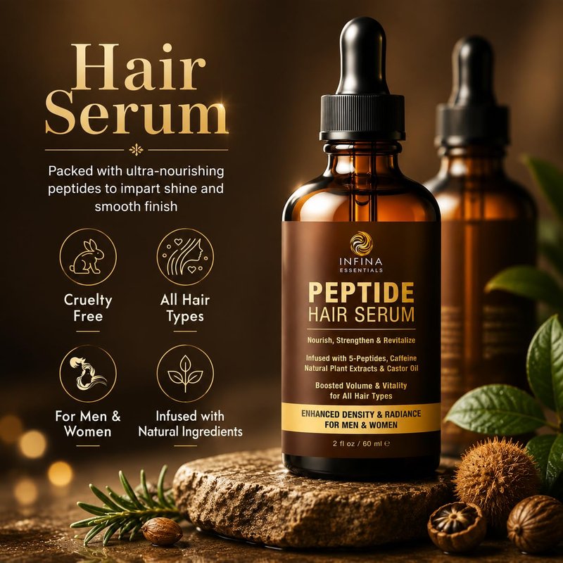 INFINA ESSENTIALS Peptide Hair Serum for Hair Growth Men & Women - Copper Peptides for Hair Growth - Caffeine Hair Growth Serum for Hair Thinning & Loss - Multi Peptide Serum for Hair Density 2 fl oz