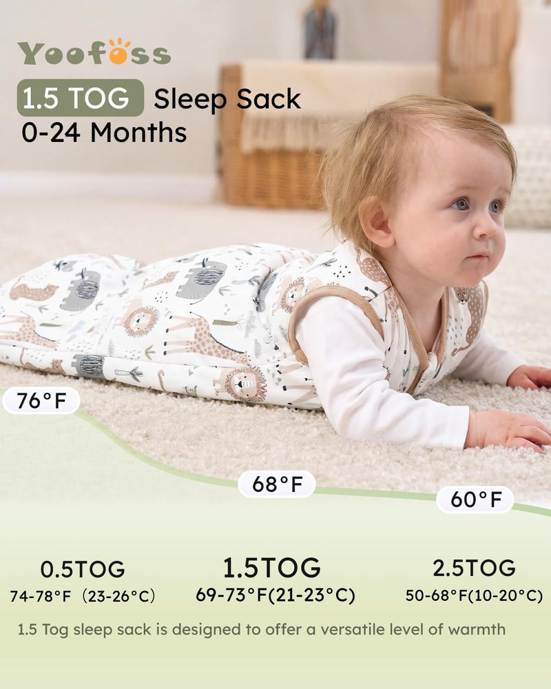 Yoofoss Baby Sleep Sack 0-6 Months, 1.5 Tog Baby Wearable Blanket with 2-Way Zipper, 100% Cotton Organic Fabric Winter Infant Sleeping Sack, Warm Soft Comfy
