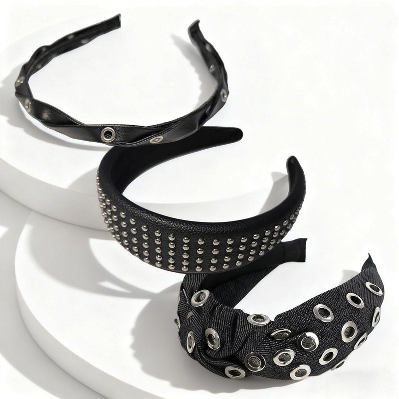 FANSSYA 3-Piece Black Punk Headband Set for Women | Braided Faux Leather, Studded & Denim Knotted Hairbands | Y2K Gothic Grunge Hair Accessories Collection