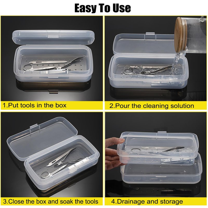 JUXYES 2 PCS Plastic Sterilizing Tray for Nail Art Accessories Tools, Portable Nail Art Tool Sterilizer Tray with Strainer, Fully Transparent Storage Box Organizer for Tweezer Manicure Tools