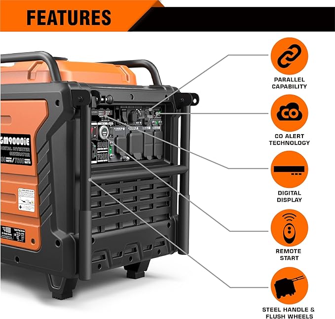 GENMAX Portable Generator, 9000W Super Quiet Gas Powered Engine with Parallel Capability, Remote/Electric Start, Digital Display,EPA Compliant，CO Alarm Ideal for Home Backup Power (GM9000iE)