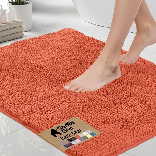 GORILLA GRIP Bath Rug Mat - Thick, Soft Chenille | Quick-Dry Microfiber, 30x20, Coral Color