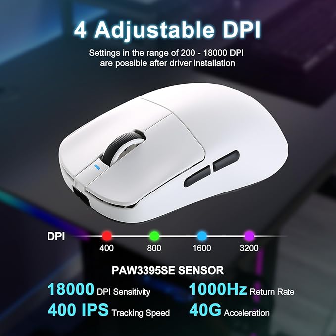 MIKIBY R1 SE+ Wireless Gaming Mouse, 18000 DPI,PAW3395 SE Sensor,55g Lightweight,Tri-Mode 2.4G/BT5.0/USB-C Mouse, Programmable Ergonomic Mice Suitable for Laptops/PC/Mac (White)