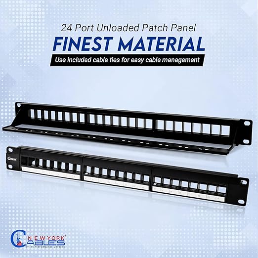 NewYork Cables 24 Port Blank Keystone Patch Panel 1U 19 Inch Rack Mount, Snap-in Modular Design, Cat6 Network Ethernet Panel, Heavy Duty Steel, for Server Racks, Supports Slim Keystone Jacks Only