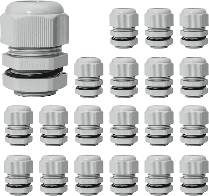 Bonsicoky 20 Pcs 3/4" NPT Nylon Cable Glands, IP68 Waterproof Adjustable Cord Grip Cable Connector Strain Relief Wire Protectors for 13-18mm Cable Diameter, Grey
