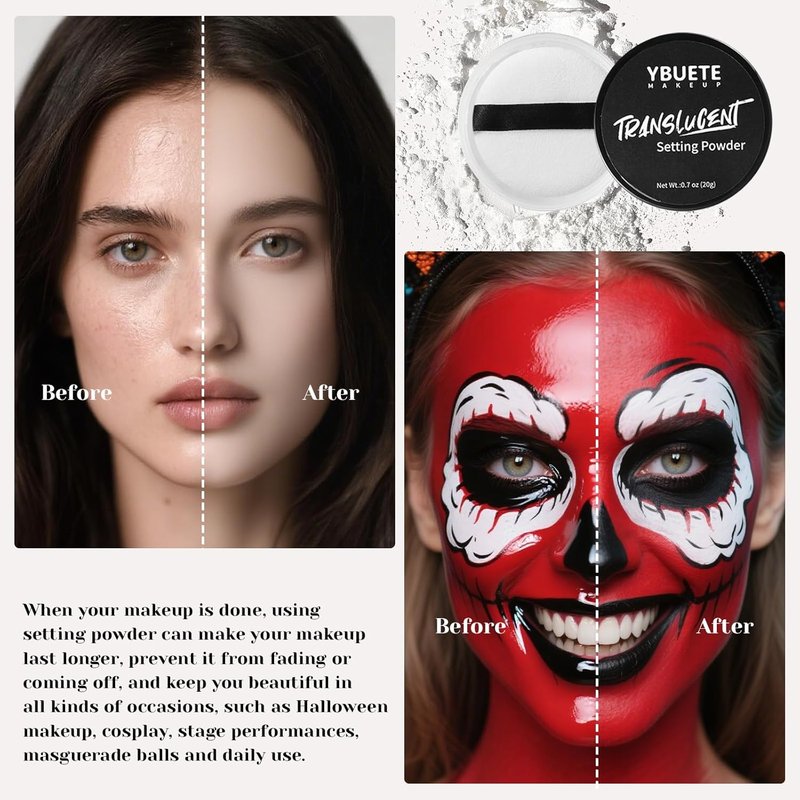 Face Body Paint Stick Set - Black, White & Light Blue | Full Coverage Halloween Makeup with Translucent Powder & Sponges