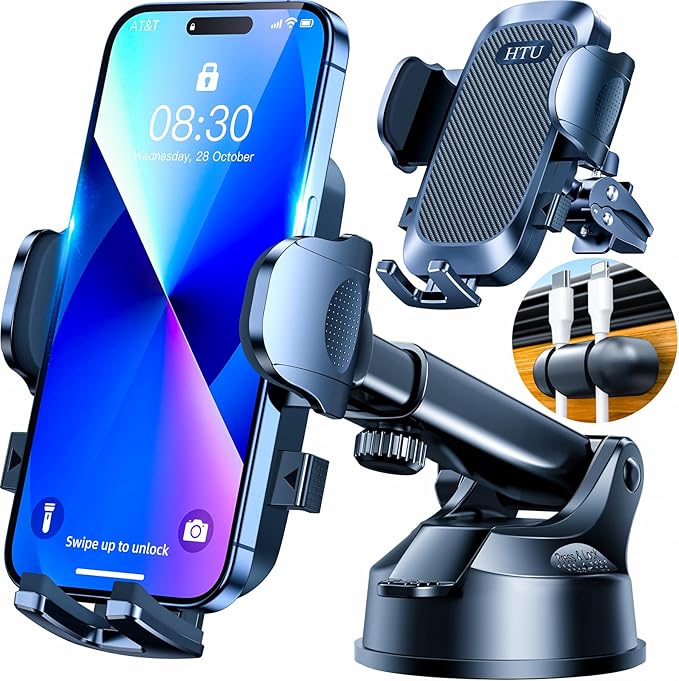 HTU Car Phone Holder【2026 Upgraded 100+LBS Suction & Safety Cert】 Cell Phone Car Mount for Truck Heavy Duty Phone Holder for Dashboard/Windshield/Vent for iPhone 17 16 Pro Max, Dark Black