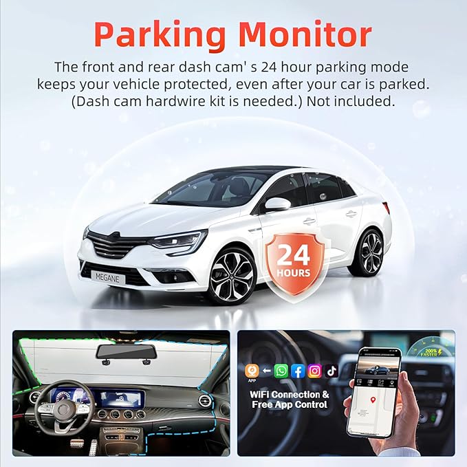 Zunfly Mirror Dash Cam 4 Channel Dash Cam Front and Rear/Inside, Touch Screen 12’’ FHD 1080Px4 Rear View Mirror Camera, 8 IR Night Vision, Built-in WiFi, GPS, Parking Monitor