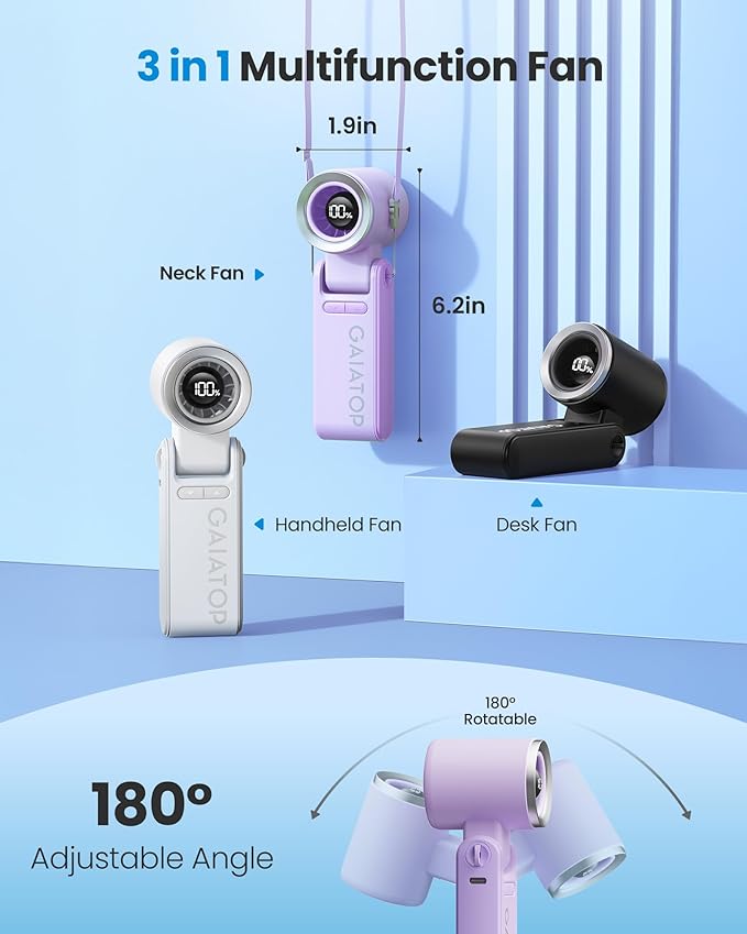 Gaiatop Portable Handheld Turbo Fan, 15 Hrs Cooling, 180° Foldable 4-in-1 Hand Held Fans, 6-Speed (1-100) Personal Mini Handheld Fans, Small Portable Fan for Travel Working Outdoor, Women Gifts Purple