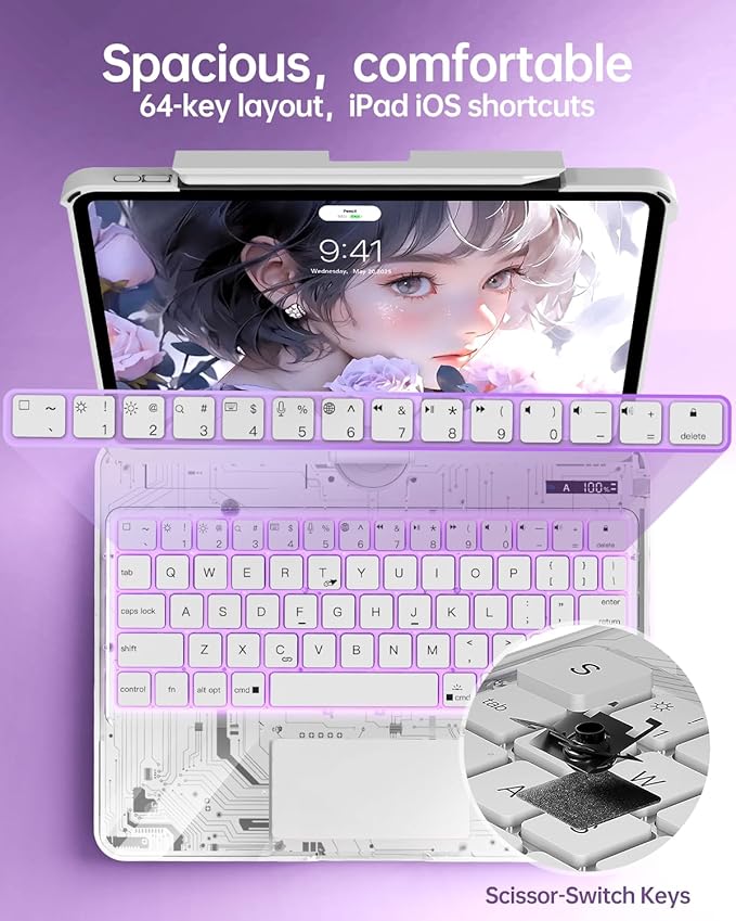 Intermerge Clear Keyboard Case for iPad Pro 13"(M5,2025/ M4,2024), 360° Swivel Multi-Touch Trackpad, 7-Color RGB Backlit, Pencil Holder, Type-C, Power Indicator, Frost Pulse