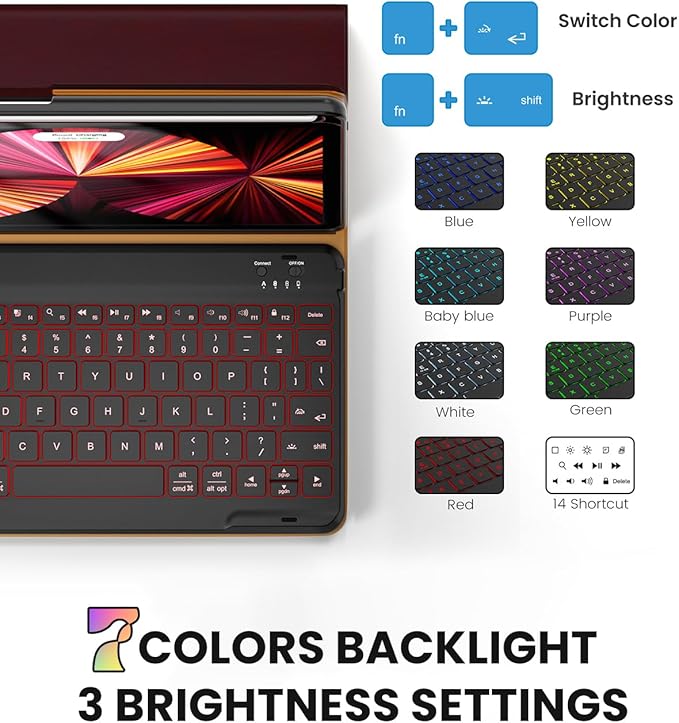 OPAKIT PU Leather Keyboard Case for iPad Air 5th/4th Generation 10.9 Inch & Pro 11 Inch 1st-4th Gen, 7-Color Backlit BT Folio Keyboard with Pencil Holder, Compatible with iPad Air 11 Inch M2 (Wine)