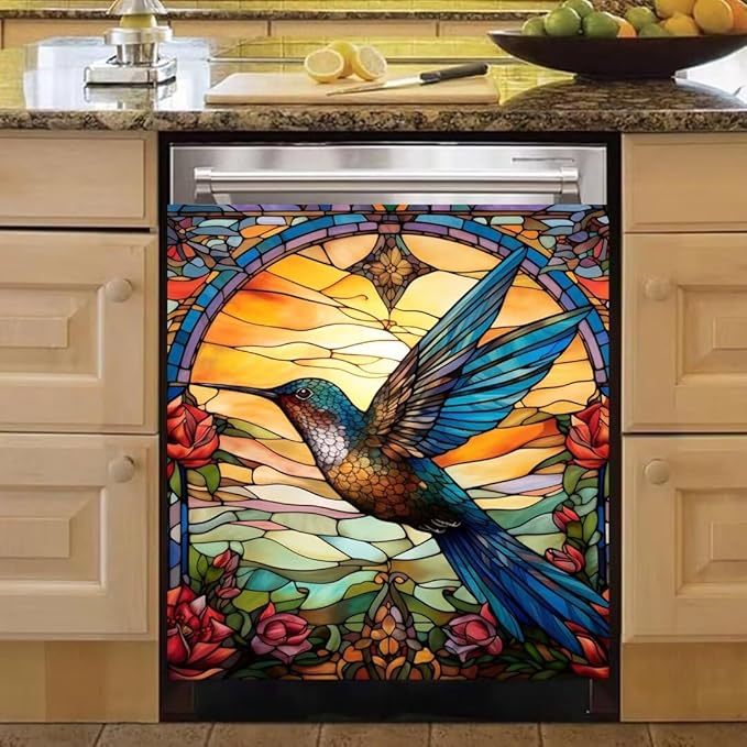 Hummingbird Magnetic Dishwasher Cover, Stained Glass Window Design, 23" x 26" Vinyl Decal for Dishwasher, Refrigerator, Oven, Stove, Easy to Install and Remove