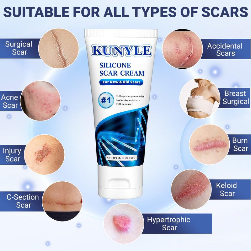 Kunyle Scar Cream, Silicone Scar Gel, Advanced Scar Removal Cream for Surgical Scars, Stretch Marks Removal, Keloid Bump Removal, Old and New Scars 2.11 Oz (60g)
