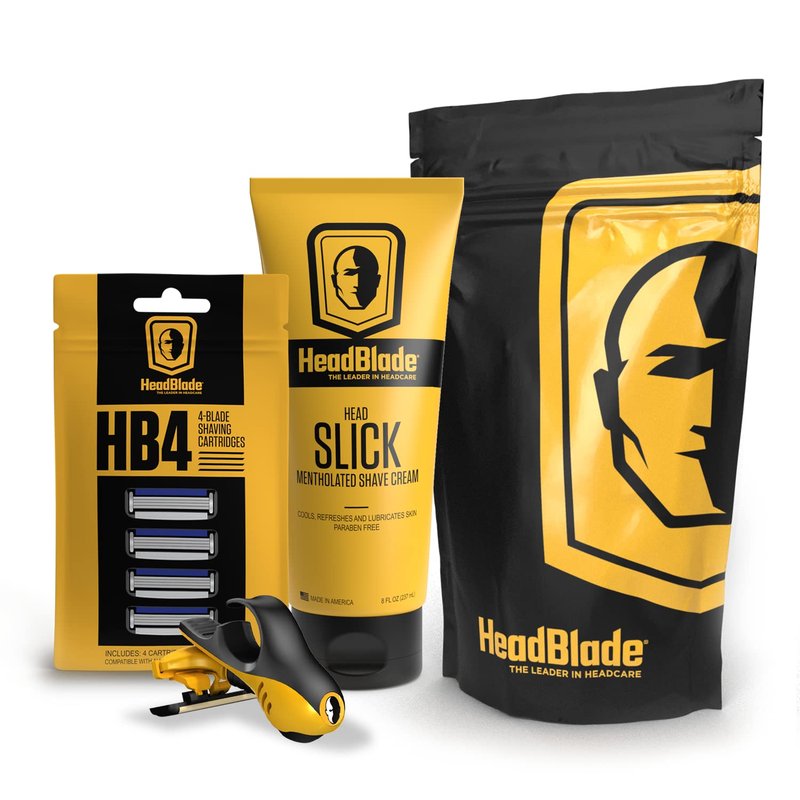 Moto Men's Head Shaving Starter Kit with HeadSlick Shaving Cream, Shaving Razor, Blade Refills (8 ounce HeadSlick)
