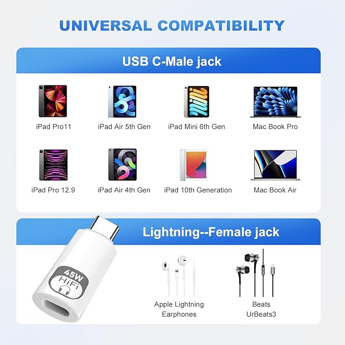 JBJBBG USB C to Lightning Audio Adapter,Lightning to USB C Hi-Fi Adapter for Headphones,480Mbps High-Speed Data Transmission with 45W Fast Charging for iPhone16/15 Series,iPad mini/Air/Pro