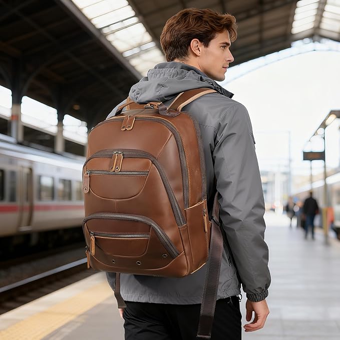 TIDING Leather Backpack for Men Fits 16" 15.6” Laptop, Vintage Business Travel Work Bag Large Overnight Weekender Daypack