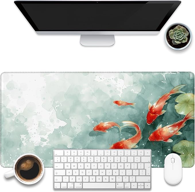 KOAIWPAE Desk Pad, Watercolor Koi Fish Desk Mat, Koi Fish in Pond Large Gaming Mouse Pad, 31.5"x15.7" Extended Big Computer Keyboard Mouse Pad with Non-Slip Base and Stitched Edge