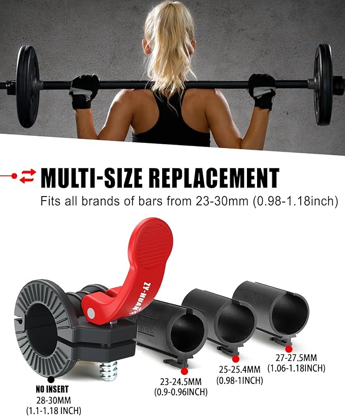 ZY-HUAN Pro Barbell Clips 1 inch Barbell Clamps 0.9-1.18inch Quick Release Weight Clips for Bars Multi-Size Adjustable Olympic Barbell Clamps (Black+Red)