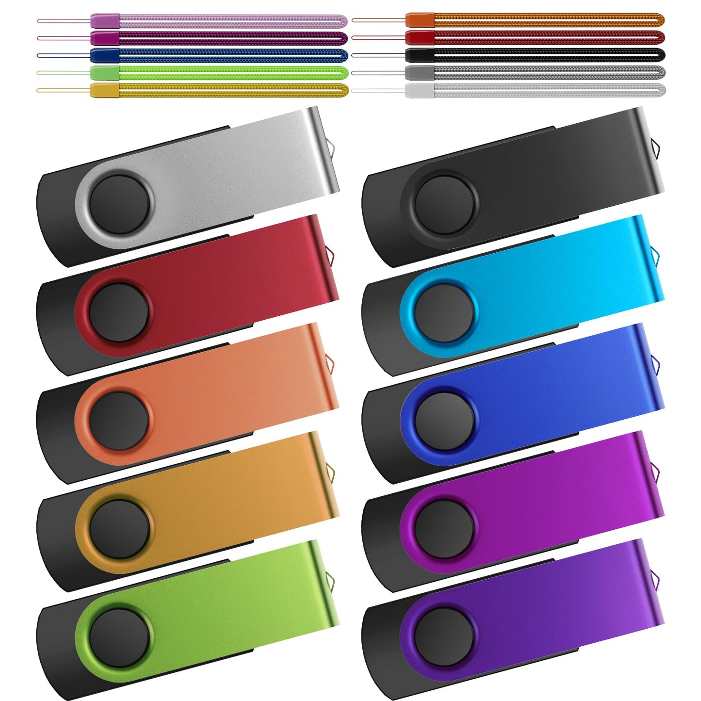 Kepmem 10 Pack Thumb Drive 32GB Flash Drives Bulk, Metal Swivel USB Drive 3.0 Memory Stick 32 Giga Pen Drive Colorful Jump Drive 32 GB Zip Drive with Multicolor Lanyards for Data Storage and Transfer