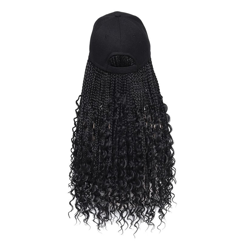 GUOJIAN Goddess Box Braiding Baseball Cap Wig, Black Bohemian Curly Ends Box Braids Hat with Braided Hair Extensions for Black White Women, Synthetic Braids Hat Wig with Hair Attached