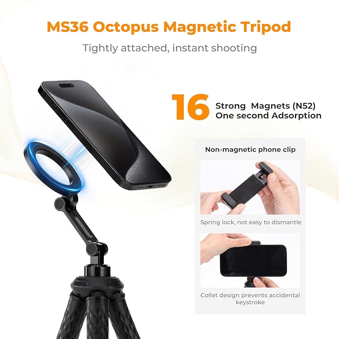 K&F CONCEPT Flexible Tripod, Magnetic Flexible Phone Stand with Wireless Remote, Mini Vlogging Tripod, Compatible with iPhone 17 Pro Max/16/15/14/13/12 All Phones and Actions Camera.