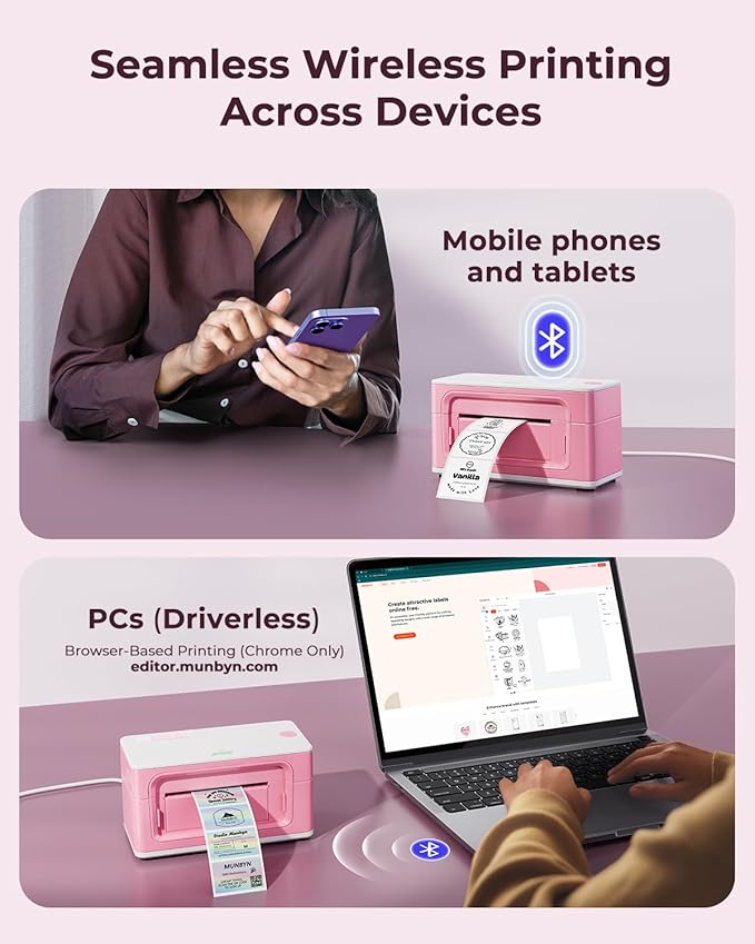 MUNBYN Bluetooth Thermal Label Printer 941BP, Wireless 300DPI 4x6 Shipping Label Printer for Small Business, Compatible with Windows, Mac, iPhone, Android, PC, Amazon, Shopify, Etsy, USPS (Pink)