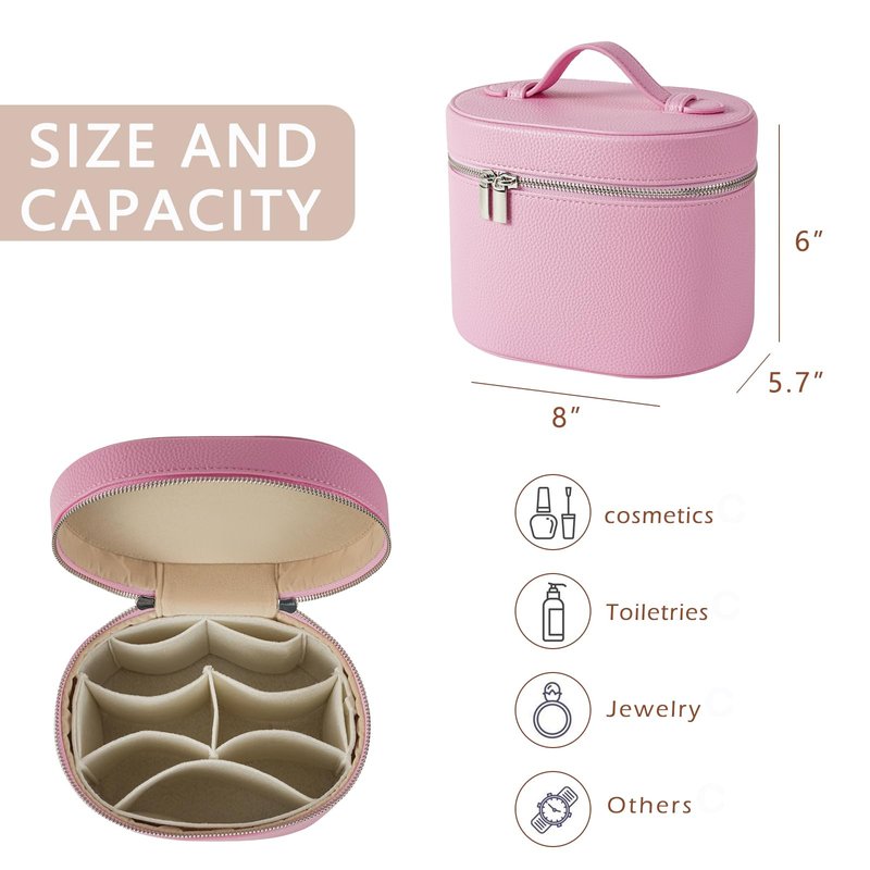 RSRSLEII Pink Aesthetic Makeup Bag, Travel Makeup Vanity Case with Divider and Handle, Waterproof PU Leather Cosmetic Organizer Bag, Portable Toiletry Bag for Women(02Pink)