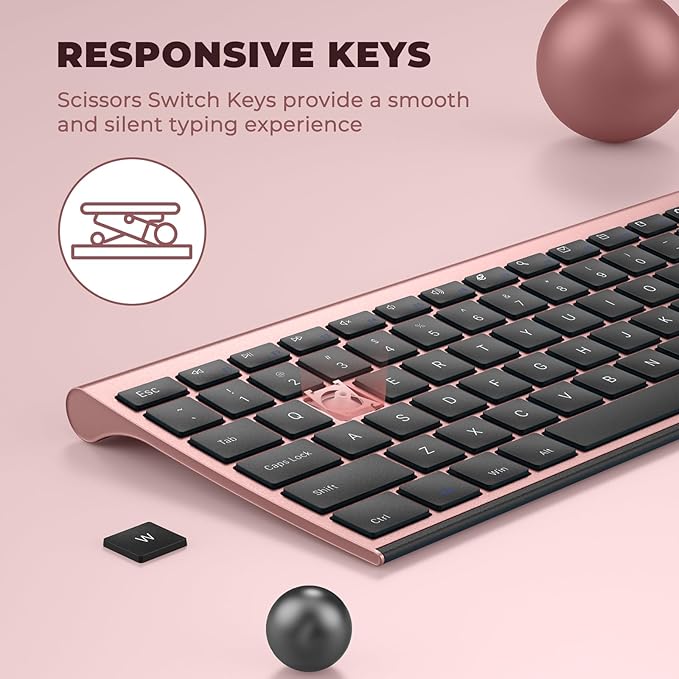 Wireless Keyboard Mouse, Vssoplor Silent Full-Size Rechargeable Combo Set Slim Design for PC, Laptop, Desktop-Black and Rose Gold