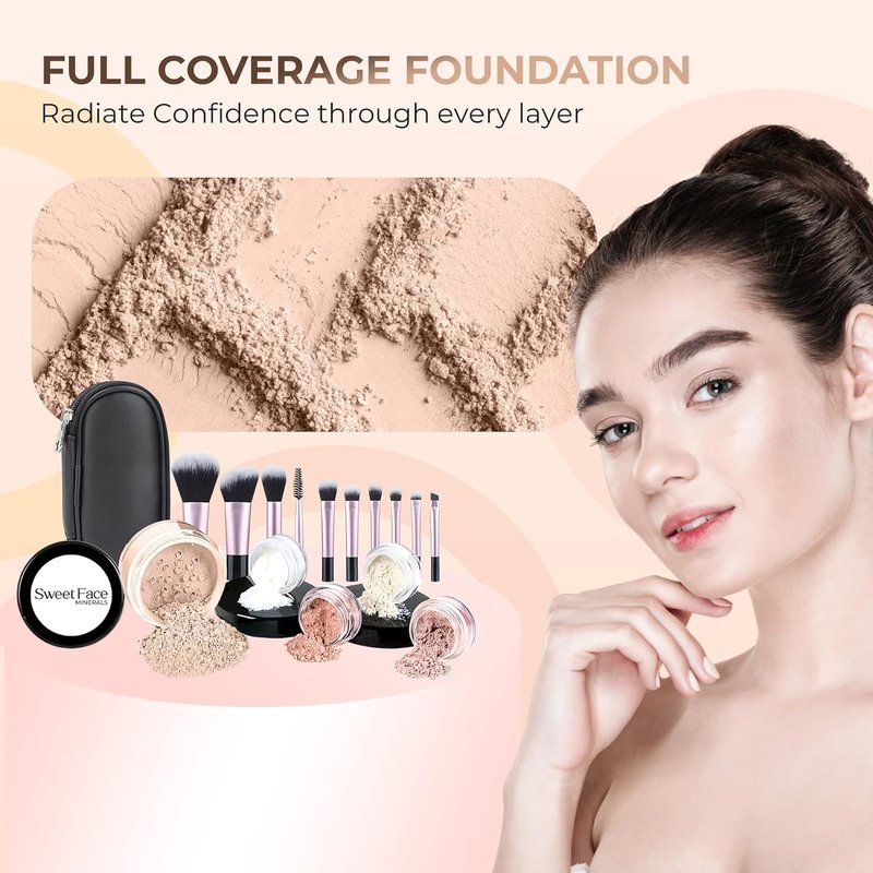 16pc Beginner Mineral Makeup STARTER KIT with 10 BRUSH SET (5gm)Sample Size Foundation, Primer, Blush, Bronzer, Setting Powder for Learning, Occasional Use & First Time Users, Travel Size Kit (Fair 2)