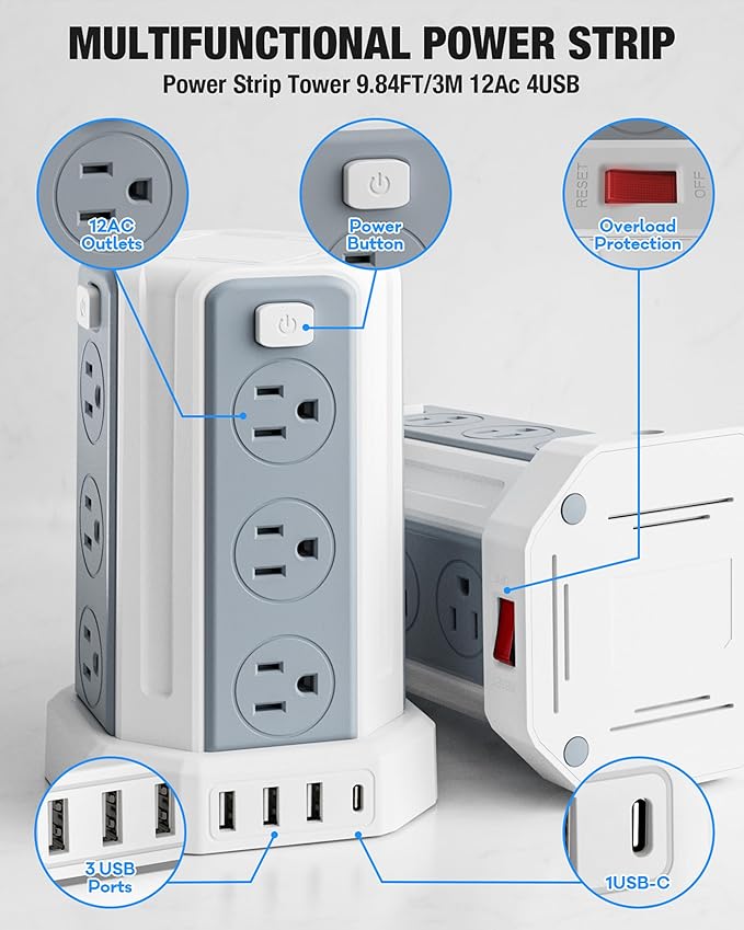 Power Strip Surge Protector, 10 Ft Extension Cord with 12 AC Multiple Outlets 4 USB (1 USB C), SMALLRT Power Tower Desktop Charging Station