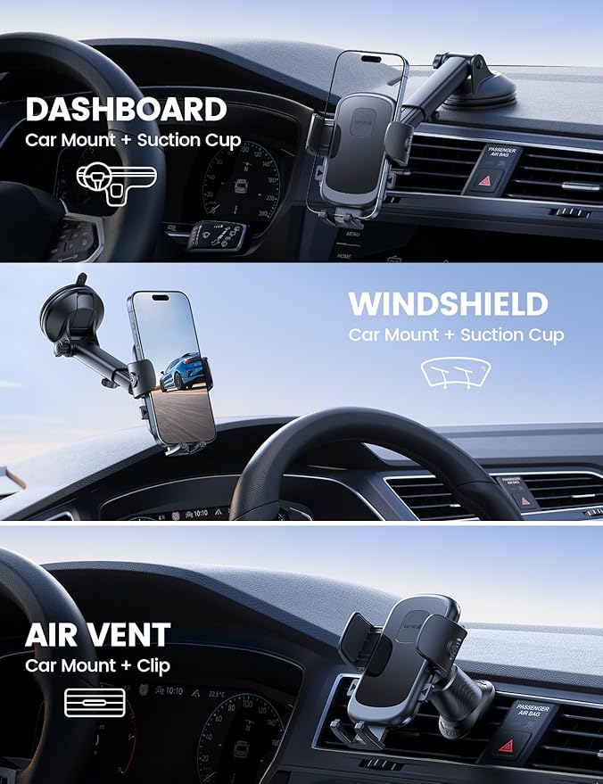 Lamicall Phone Mount for Car [3-in-1 Military-Grade Suction Cup] 360° Rotation Phone Holders for Your Car [Metal Hook] Cell Phone Car Mount Dashboard Vent Windshield All Smartphone LeatherGrain