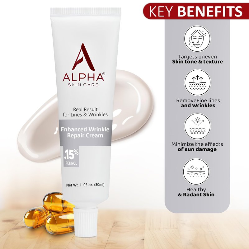 Alpha Skin Care Enhanced Wrinkle Repair Cream, Anti-Aging Formula, 0.15% Retinol, Vitamins A, C & E, Reduces Lines & Wrinkles, All Skin Types, 1.05 Oz, White