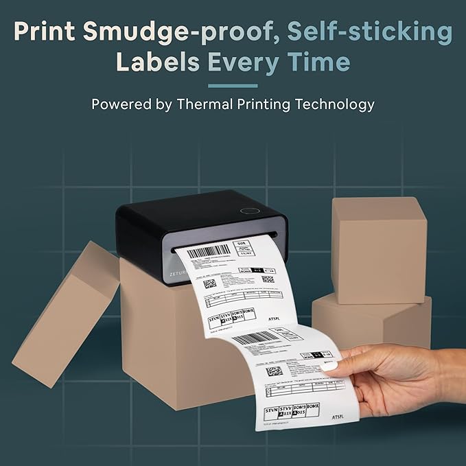 Zeturn 4x6 Thermal Shipping Label Printer - Wireless Bluetooth, Rechargeable Battery, No Ink Needed - for iPhone, Android, Home