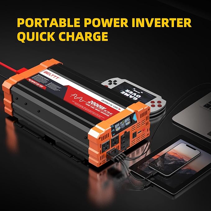 BELTTT 2000W Pure Sine Wave Inverter, Inverter 12V DC to 120V AC for Solar, RV, Truck, Outdoor, Power Inverter with Dual AC and 20A Socket, 5V 2.1A USB, Surge 4000W, Hardwire Port, Remote Controller