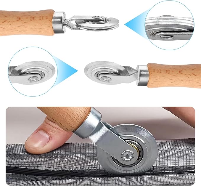 HOJLKLD Window Screen Repair Kit, Steel/Nylon Roller Tool with Bearing+8pcs Screen Clips+32ft Screen Spline+Spline Removal Hook, 5 in 1 Screen Roller Tool Kit for Installing Door Mesh Screens