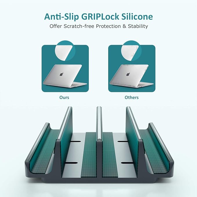 Nukoi Vertical Laptop Stand - SPACEMax Adjustable GRIPLock Anti-Tip Silicone 4 Slots Aluminum Desktop Holder - Double Dock Stand - 2 Phone Slots Fits Up to 17.3” Laptops, Tablets, Phones - Gray