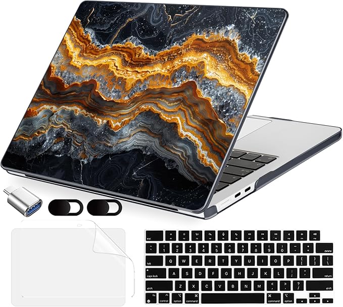 MecBevia Compatible with 2026 M5 MacBook Air 13 inch Case 2026 2025 2024-2022 M5 A3449 M4 A3240 M3 A3113 M2 A2681, Keyboard Cover, Screen Protector, Webcam Cover & Type-C OTG, Black Gold