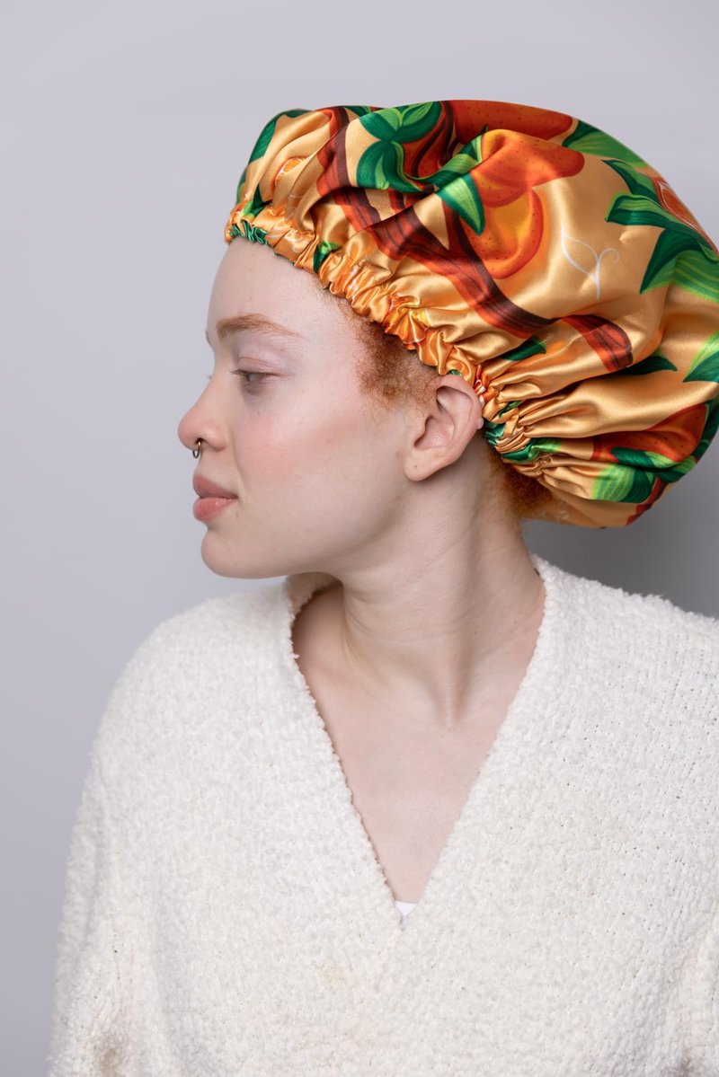 Ecoslay Reversible Satin Hair Bonnet, Strawberry and Orange Print Design, Large (Orange)