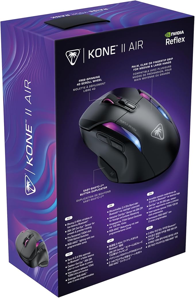 Turtle Beach Kone II Air Wireless RGB Gaming Mouse, 350-Hr Rechargeable Battery, 26000 DPI Optical Sensor, 100M Click Optical Switches, 21 Customizable Inputs, Ergonomic, 4D Scroll Wheel – Ash Black