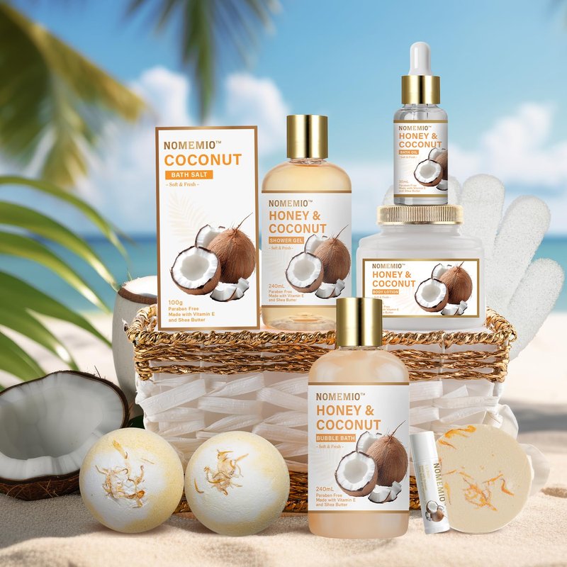 Valentine's Day Spa Gift Basket - 11pcs Honey & Coconut Luxury Bath Set | Perfect Beauty Gifts for Women & Moms