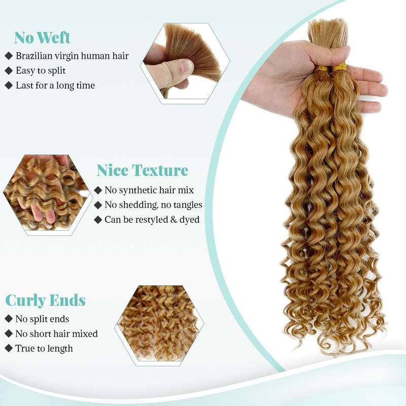 Deep Water Wave Bulk Human Braiding Hair #27 Honey Blonde Curly Braiding Hair for Boho Braids 18 Inch 100G 2 Bundles No Weft Wet and Wavy Brazilian Virgin Human Hair Extensions for Black Women