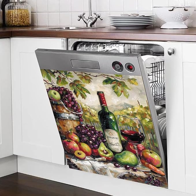 Generic Wine Decor Dishwasher Magnet Cover Kitchen Decor,Wine Bottle Country Grape Apples Fruits Painting Home Appliance Bar Decor Fridge Sticker,Refrigerator Magnetic Panel Decal 23x26
