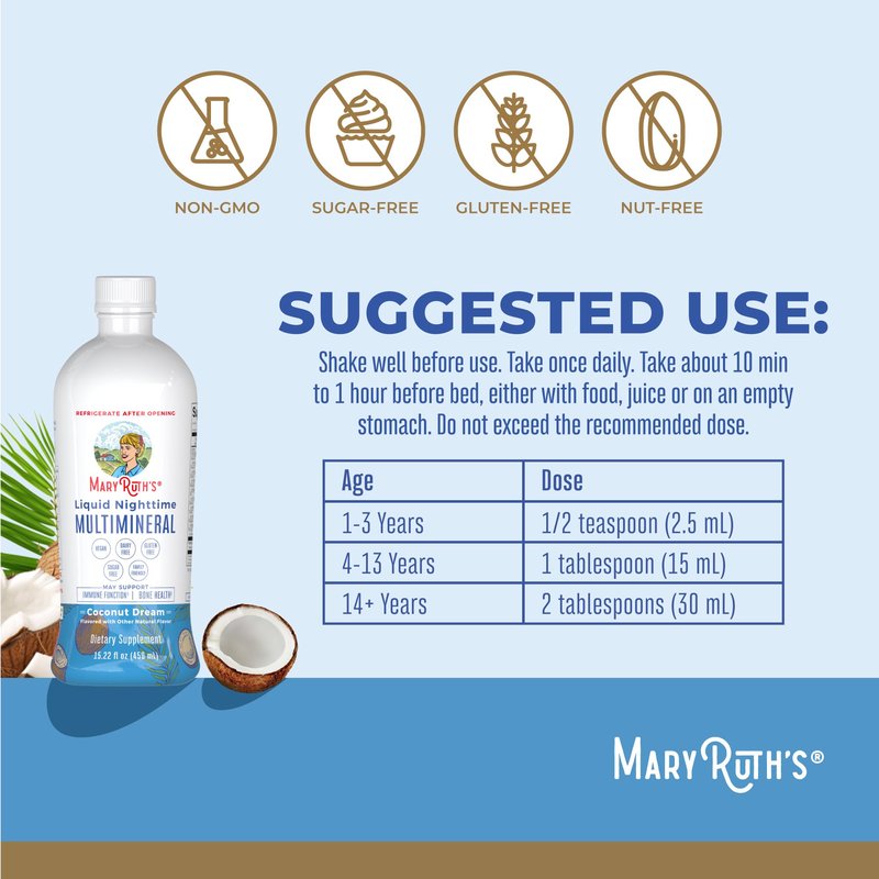 MaryRuth's Liquid Nighttime Multimineral | NO Melatonin | Bedtime Routine | Magnesium Citrate | Calcium | Zinc | Vitamin D3 | Vegan | Sugar Free | Gluten Free | 15.22 Oz