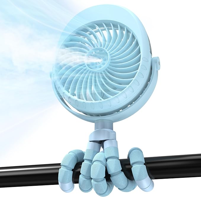 2025 Upgarded 4000mAh Misting Baby Stroller Fan, Rechargeable Battery Operated,Max 15Hrs Cooling,50ml Portable Water Sprayer Misting Fan with Flexible Tripod Clip on Car Seat Crib Treadmill Bunk Bed