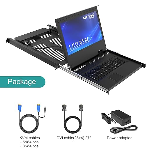 MT-VIKI® KVM Rack Mount HDMI with 17.3'' LCD Monitor, 1080P@60Hz Support OSD/Hotkey, Included 8 KVM Cables+Keyboard + Touchpad, Fit 1U 19'' Rack, Mount Depth 23.6-31.8"