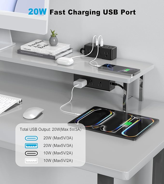 Dual Layer Desk Clamp Power Strip with 4 USB Ports(20W USB-C) & 15 AC Outlets, Desktop Edge Mount Surge Protector, Ultra Thin Flat Plug & 5FT Power Cord for Office Home(ETL Listed)