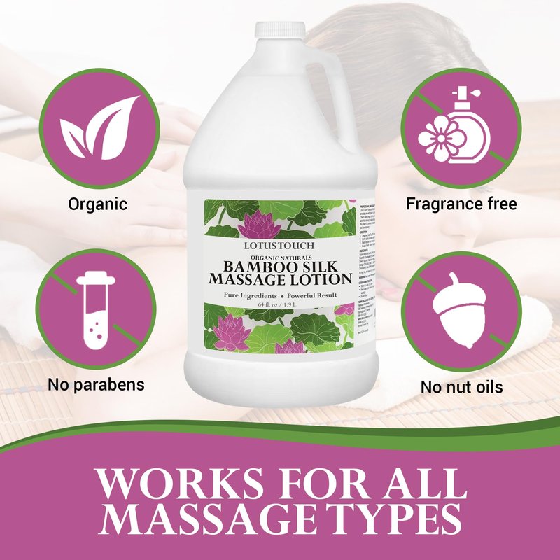 Organic Naturals Bamboo Silk Massage Lotion by Lotus Touch - 100% Pure Bamboo Silk Powder, Green Tea Extract & Aloe Vera - Unscented - Moisturizing, Fast Absorbing - Soft, Silky Glide – 1/2 Gallon