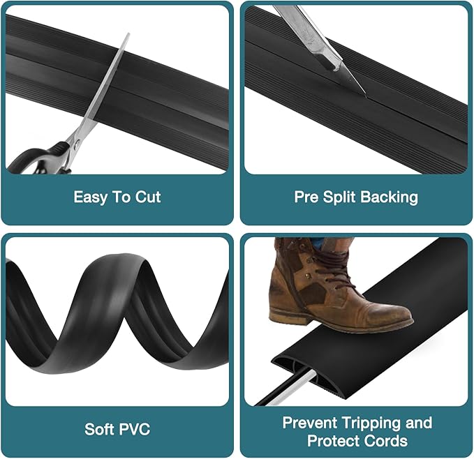 Floor Cord Cover, Cable Protector, 0.63W x 0.31H inches, Wire Cover for Extension Cords, Floor Cable Covers Prevent Cable Trips (Black, 50-3.3 Feet)