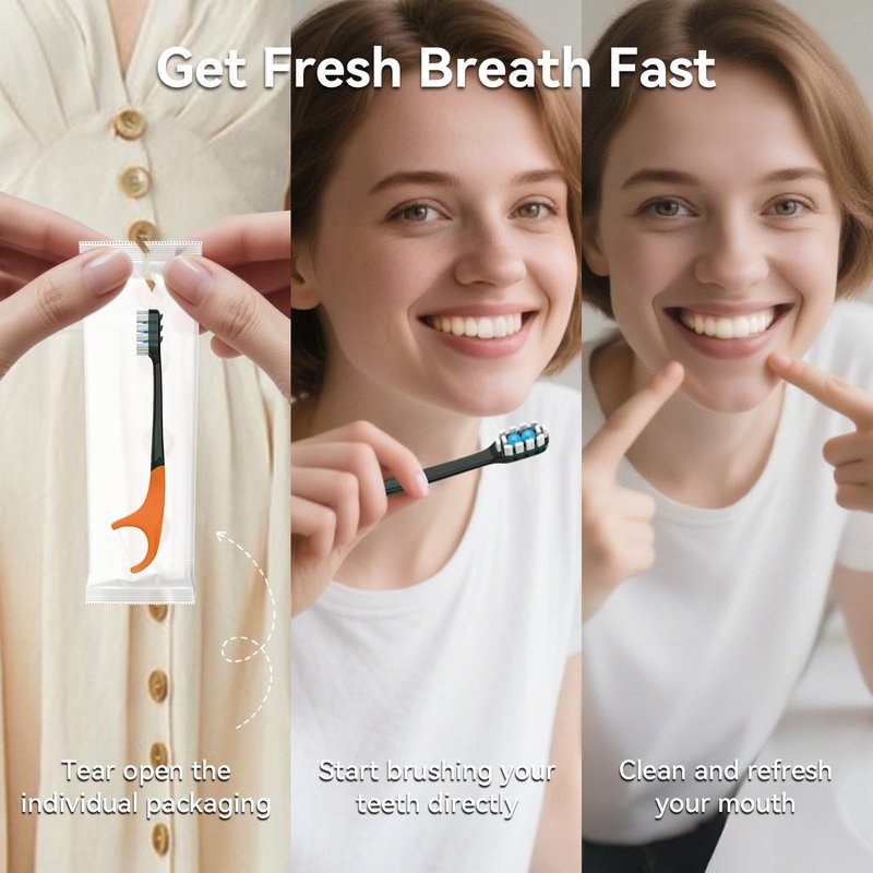 70Pack Disposable Toothbrushes with Toothpaste + Pick + Floss + Tongue Scraper 5-in-4 Mini Prepasted Travel Toothbrush for Hotel Camping Flight Car Single Use Portable Individually Wrapped | Mint